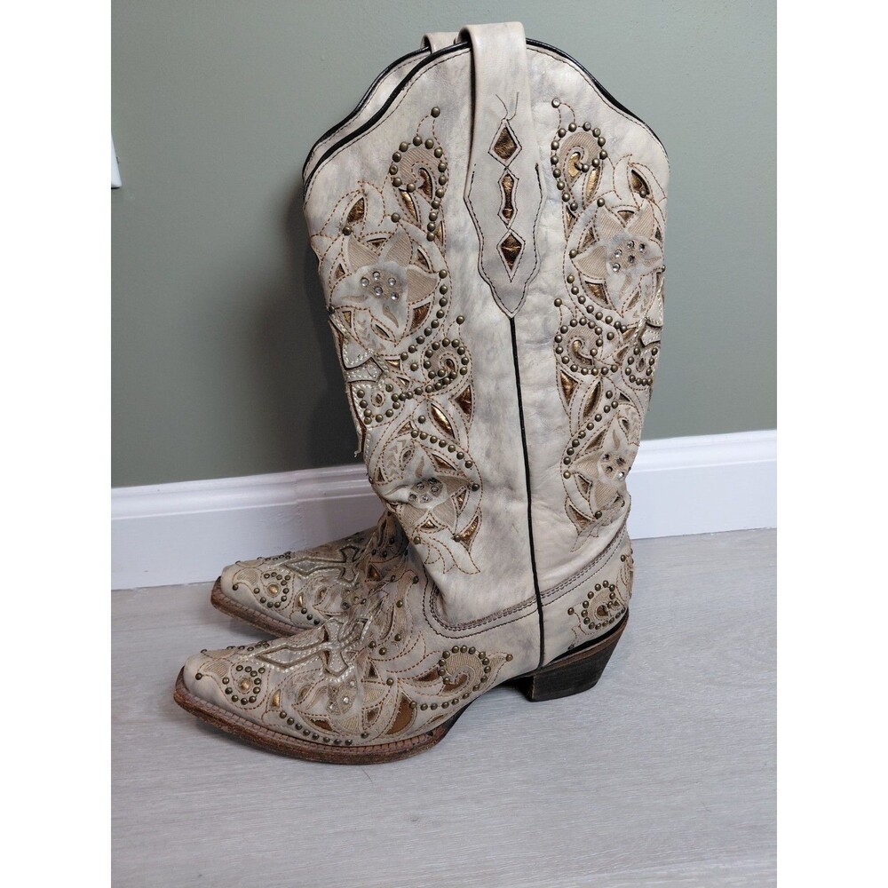 CORRAL AB001 Buckle Exclusive Inlay Studded Floral Cutout Western Boots 9M